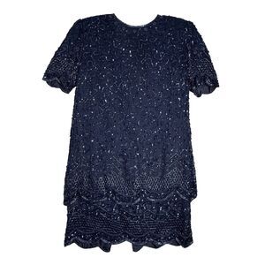 Brilliante‎ by JA Dress Womens Medium Petite Blue Beaded Layered Party Formal